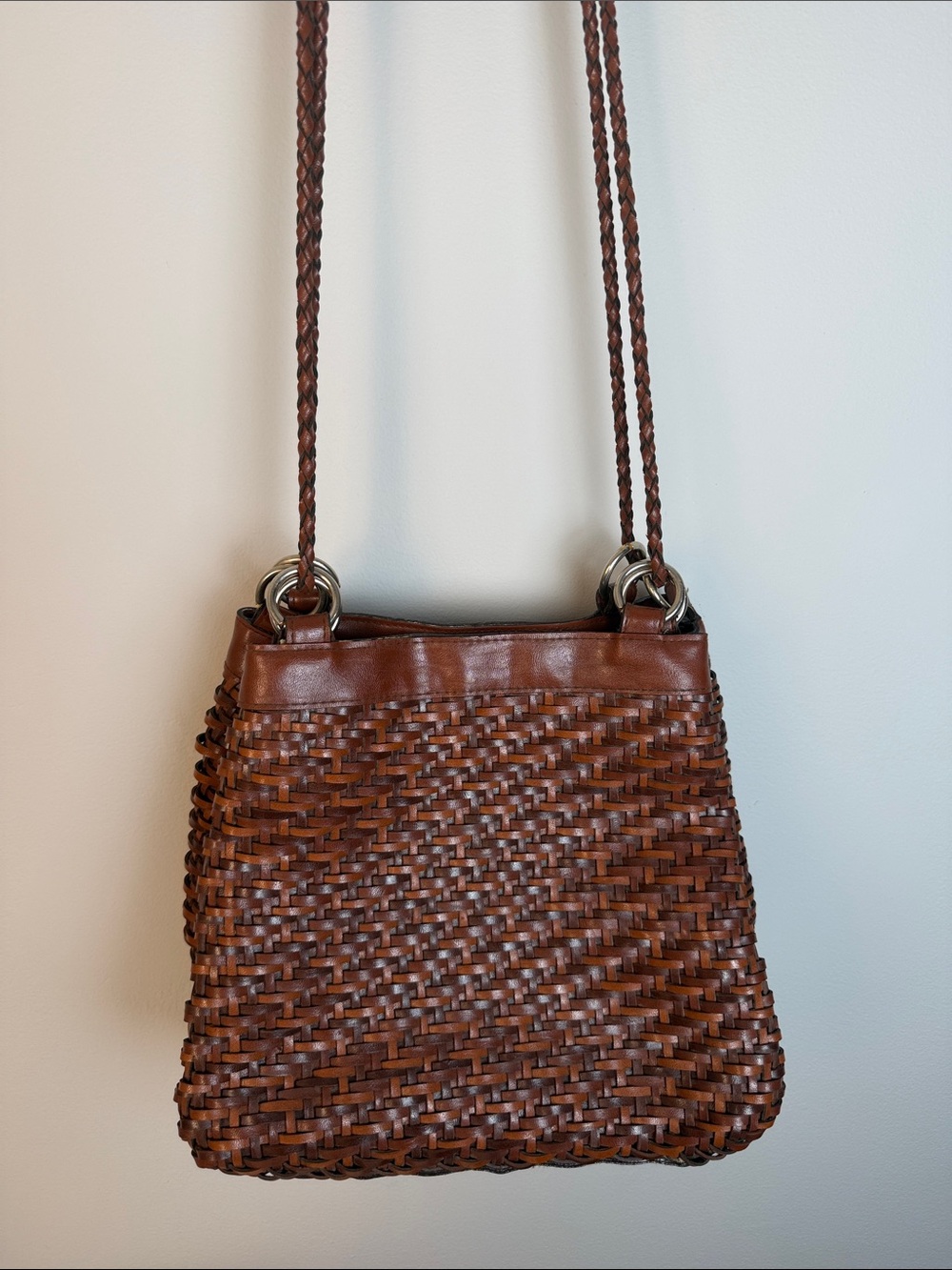 Vintage Boho Woven Brown Bag with Braided Strap